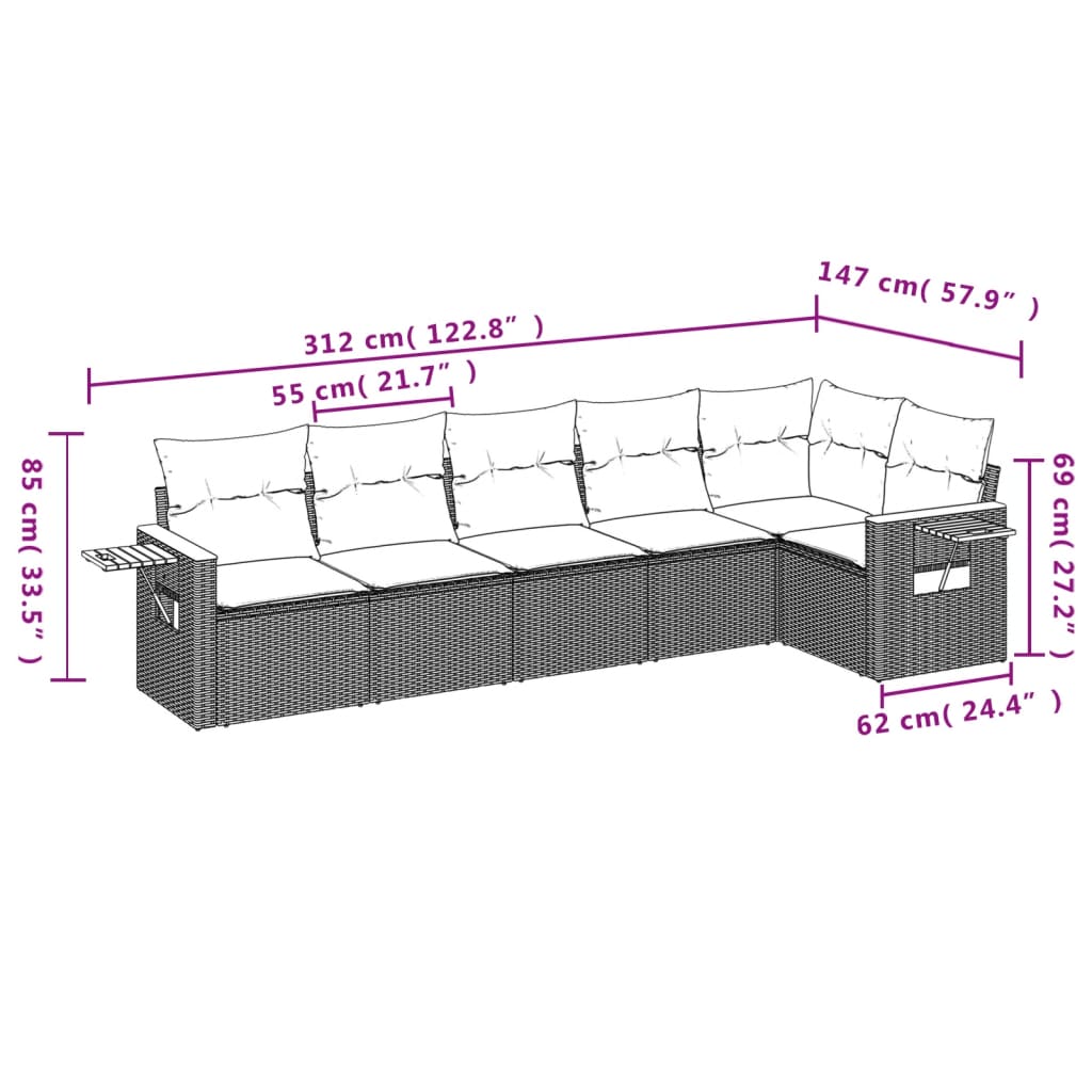 6-tlg. Garten-Sofagarnitur mit Kissen Beige Poly Rattan