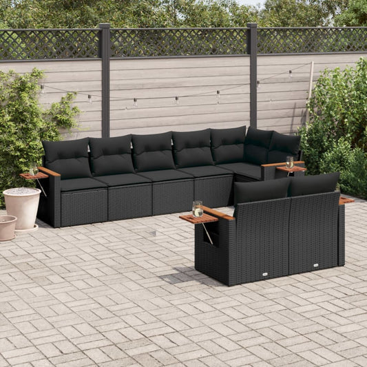 8-piece garden sofa set with cushions, black poly rattan