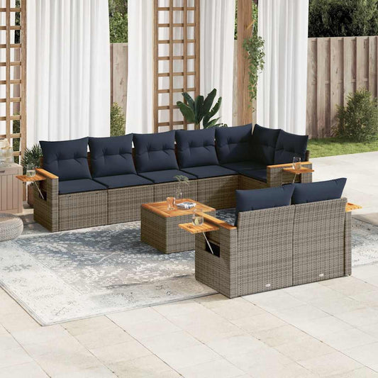 9-tlg. Garten-Sofagarnitur mit Kissen Grau Poly Rattan