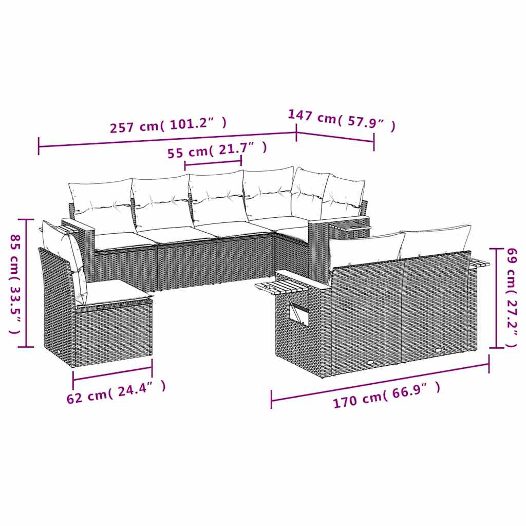 8-tlg. Garten-Sofagarnitur mit Kissen Schwarz Poly Rattan