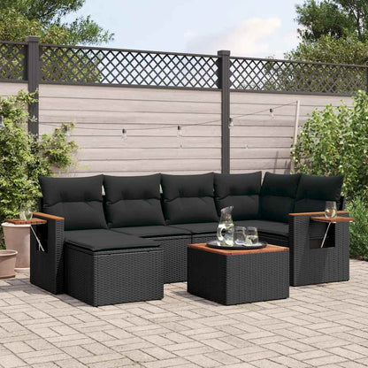 7-tlg. Garten-Sofagarnitur mit Kissen Schwarz Poly Rattan