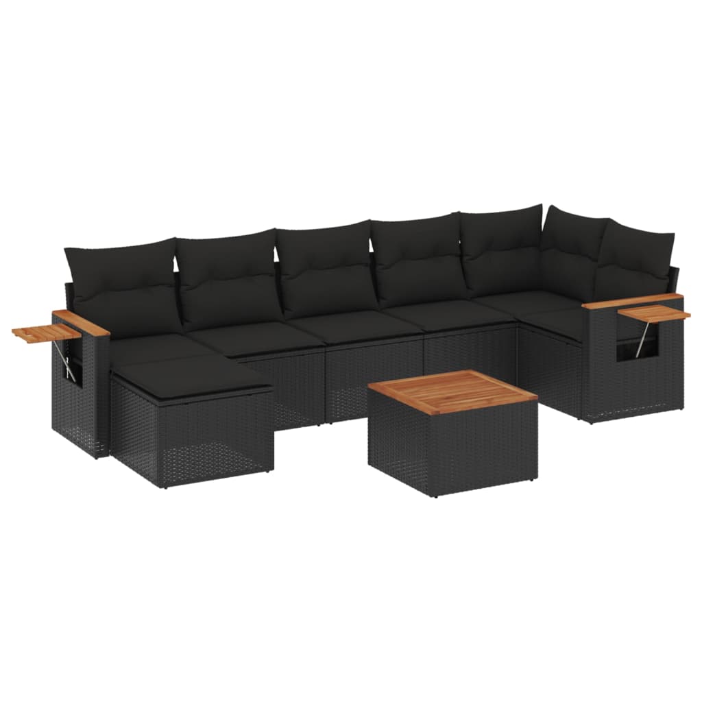 8-piece garden sofa set with cushions, black poly rattan
