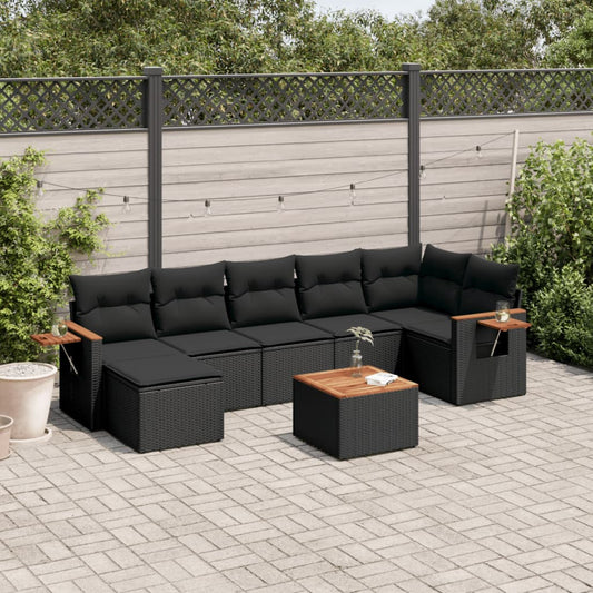8-piece garden sofa set with cushions, black poly rattan