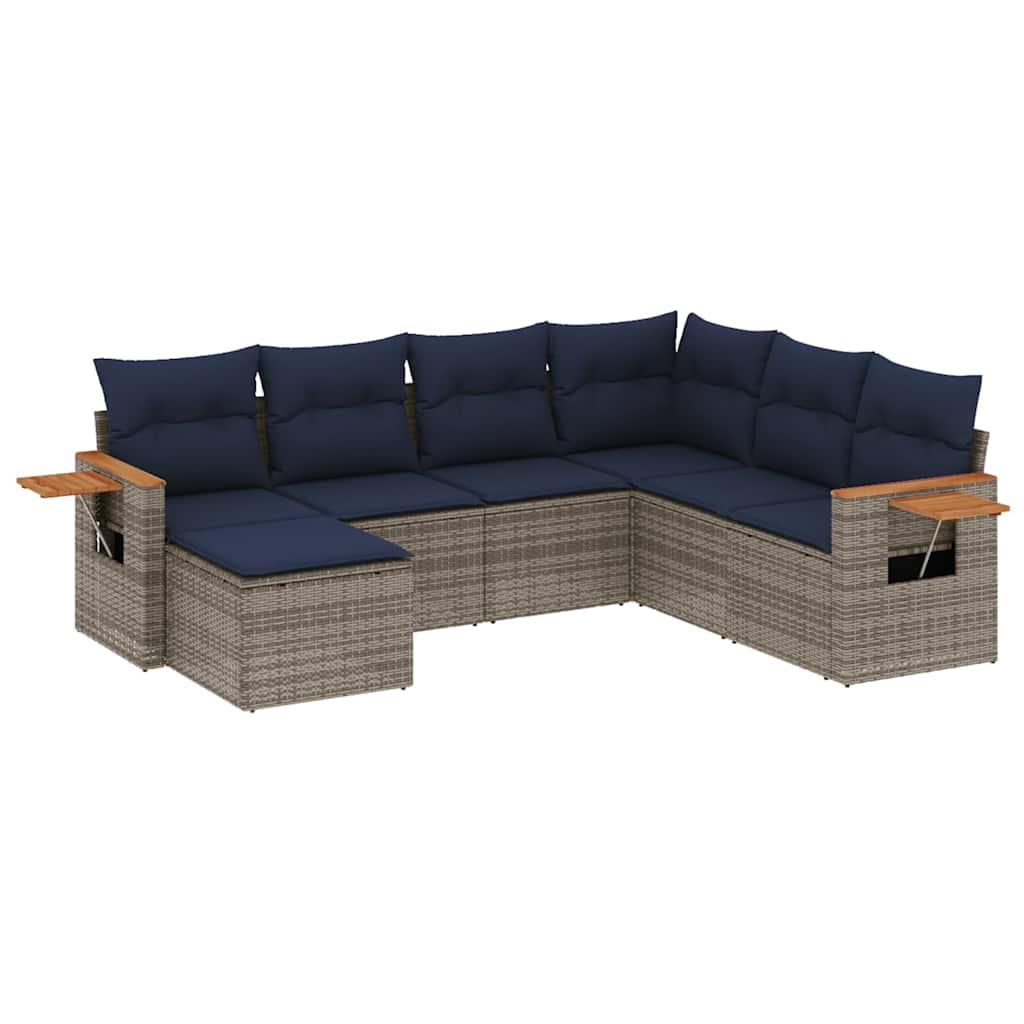 7-tlg. Garten-Sofagarnitur mit Kissen Grau Poly Rattan