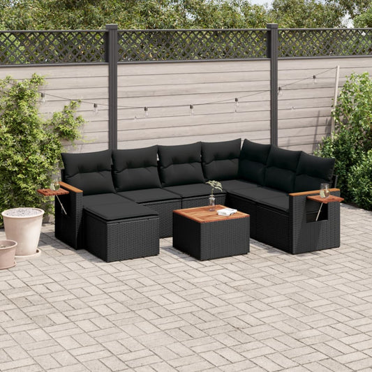 8-piece garden sofa set with cushions, black poly rattan
