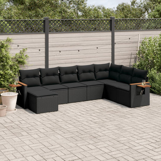 8-piece garden sofa set with cushions, black poly rattan
