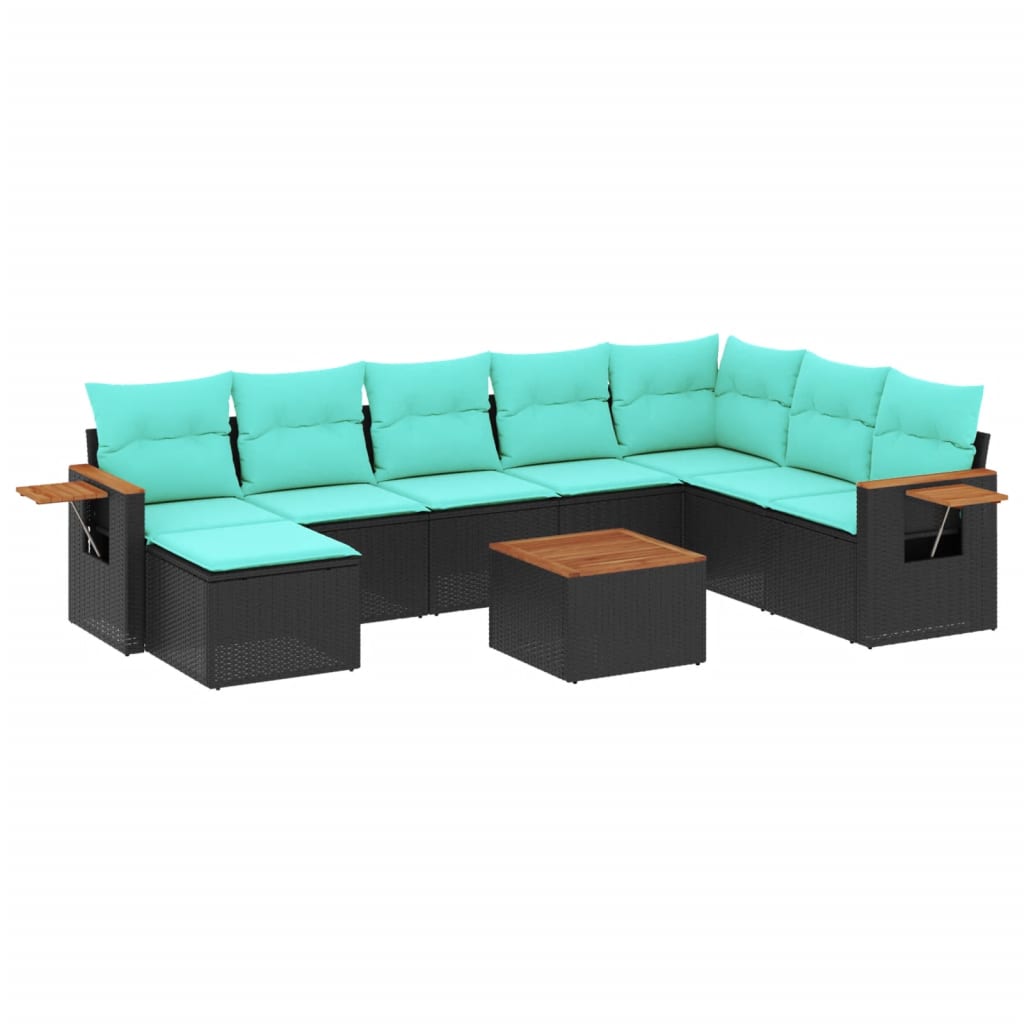 9-tlg. Garten-Sofagarnitur mit Kissen Schwarz Poly Rattan