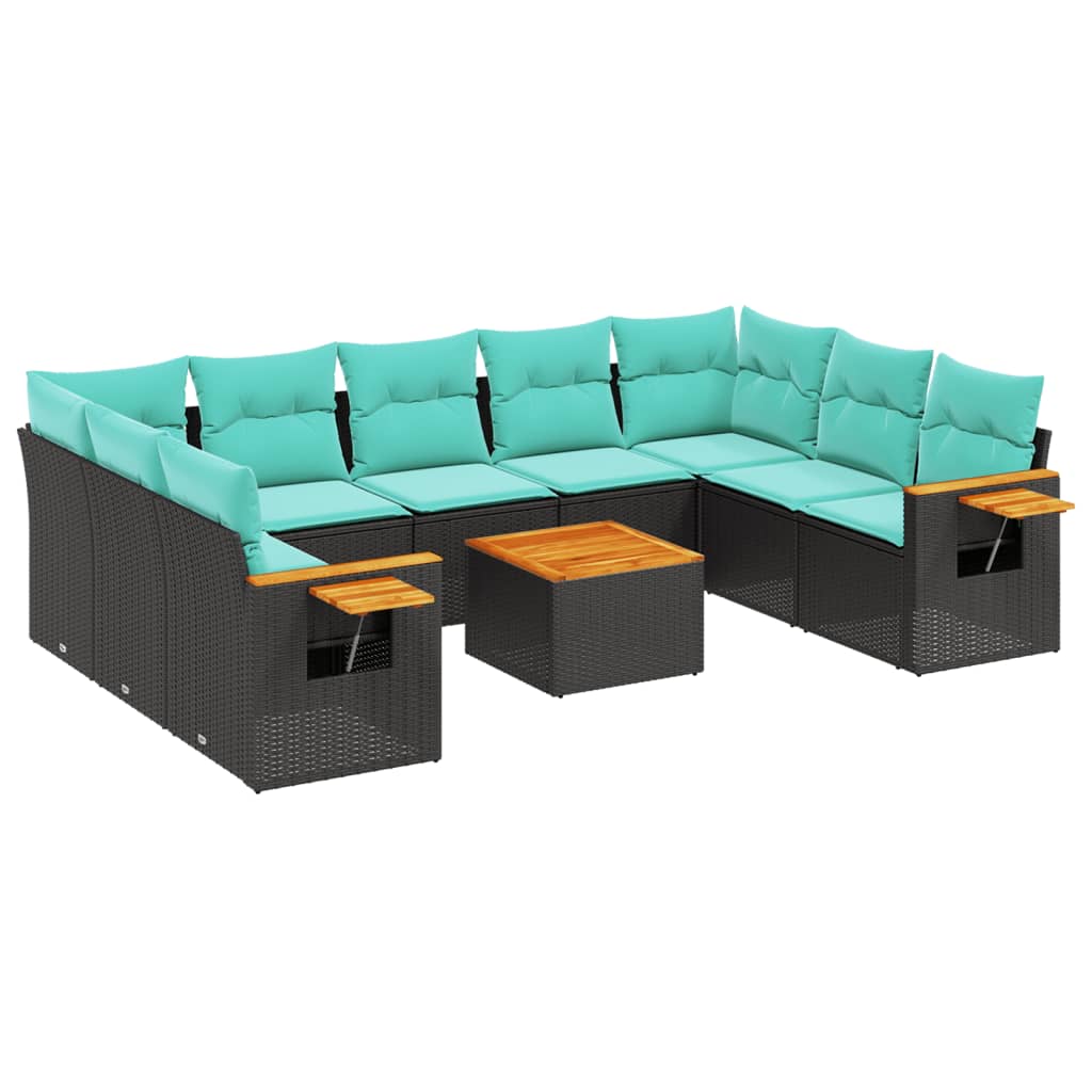 10-tlg. Garten-Sofagarnitur mit Kissen Schwarz Poly Rattan