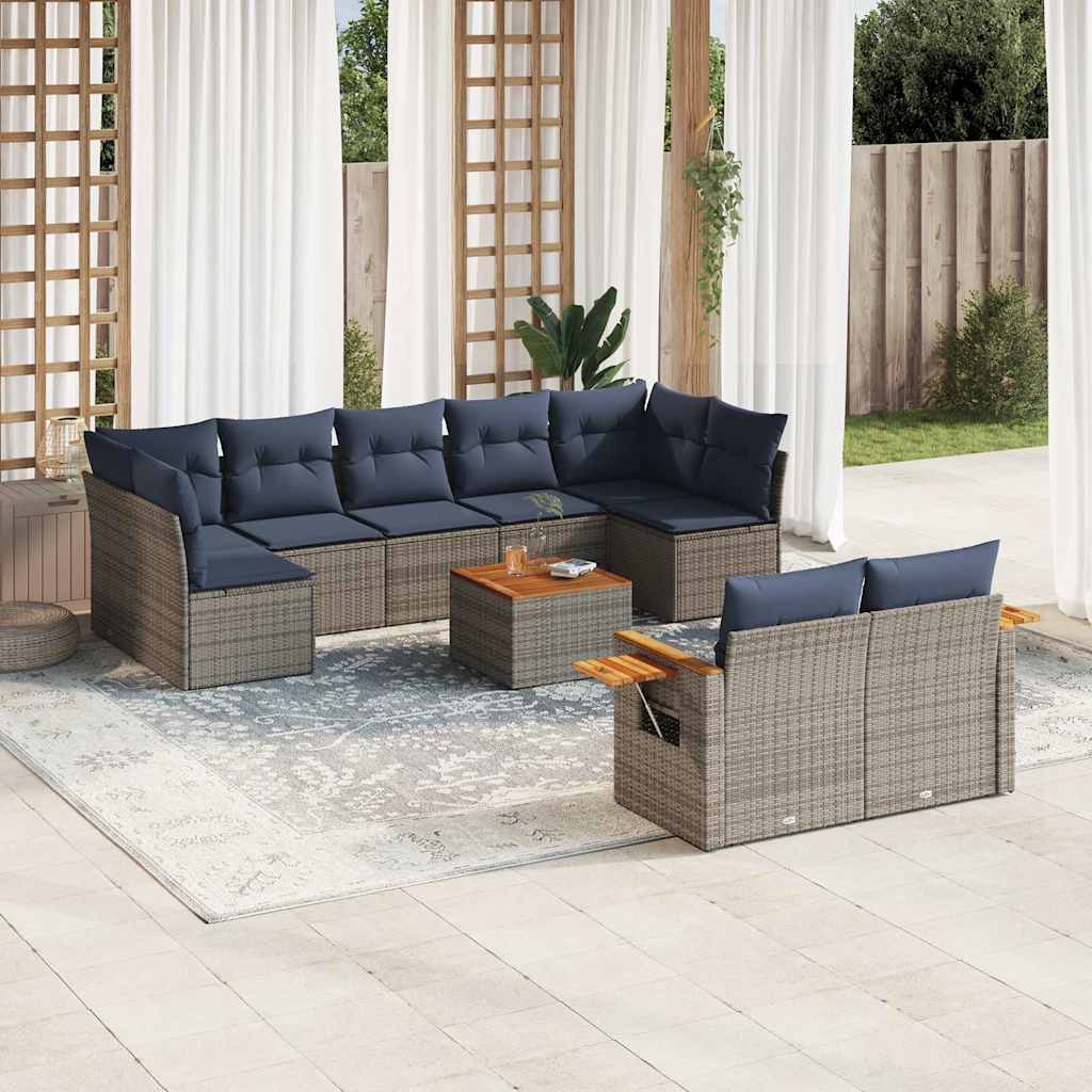 10-tlg. Garten-Sofagarnitur mit Kissen Grau Poly Rattan