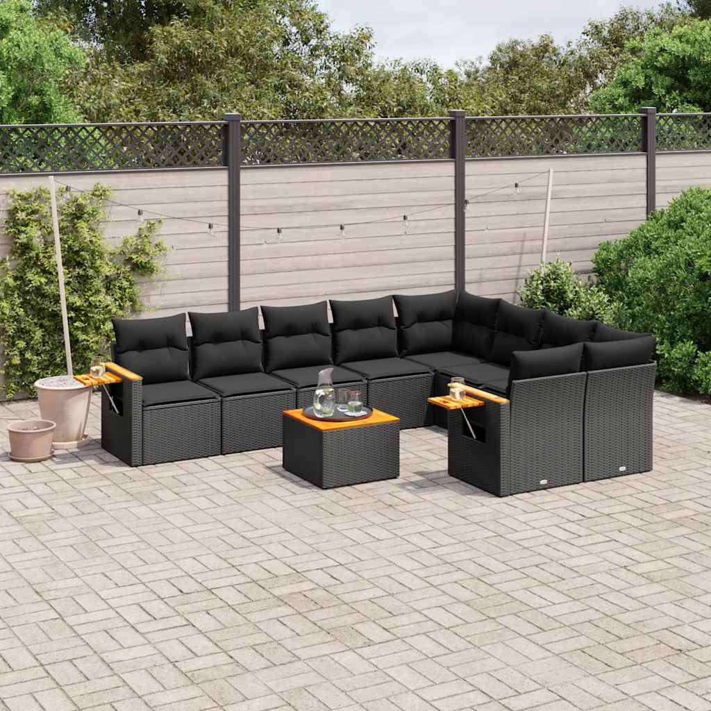 10-tlg. Garten-Sofagarnitur mit Kissen Schwarz Poly Rattan