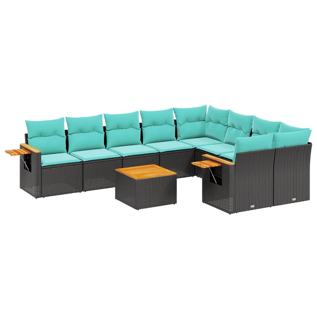 10-tlg. Garten-Sofagarnitur mit Kissen Schwarz Poly Rattan