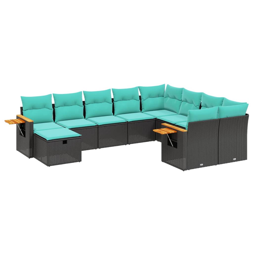 10-tlg. Garten-Sofagarnitur mit Kissen Schwarz Poly Rattan