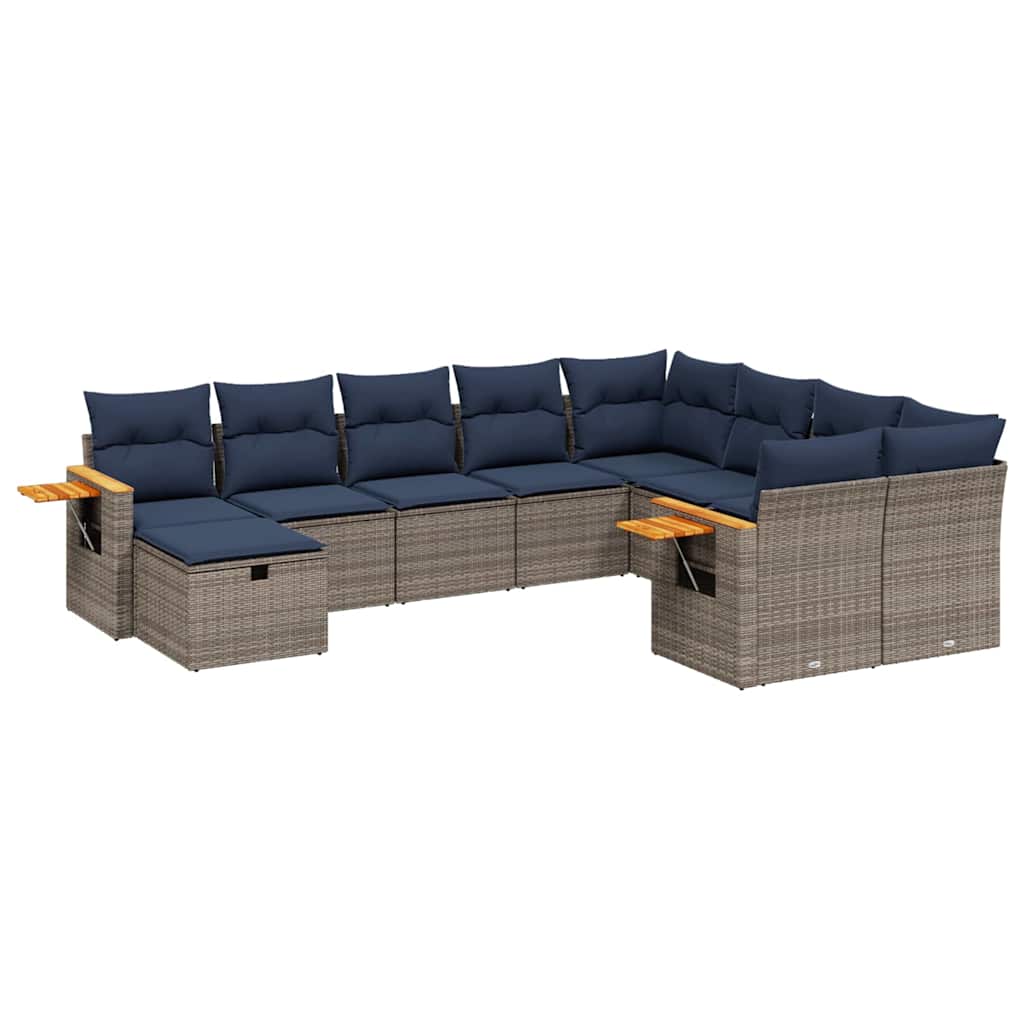 10-tlg. Garten-Sofagarnitur mit Kissen Grau Poly Rattan