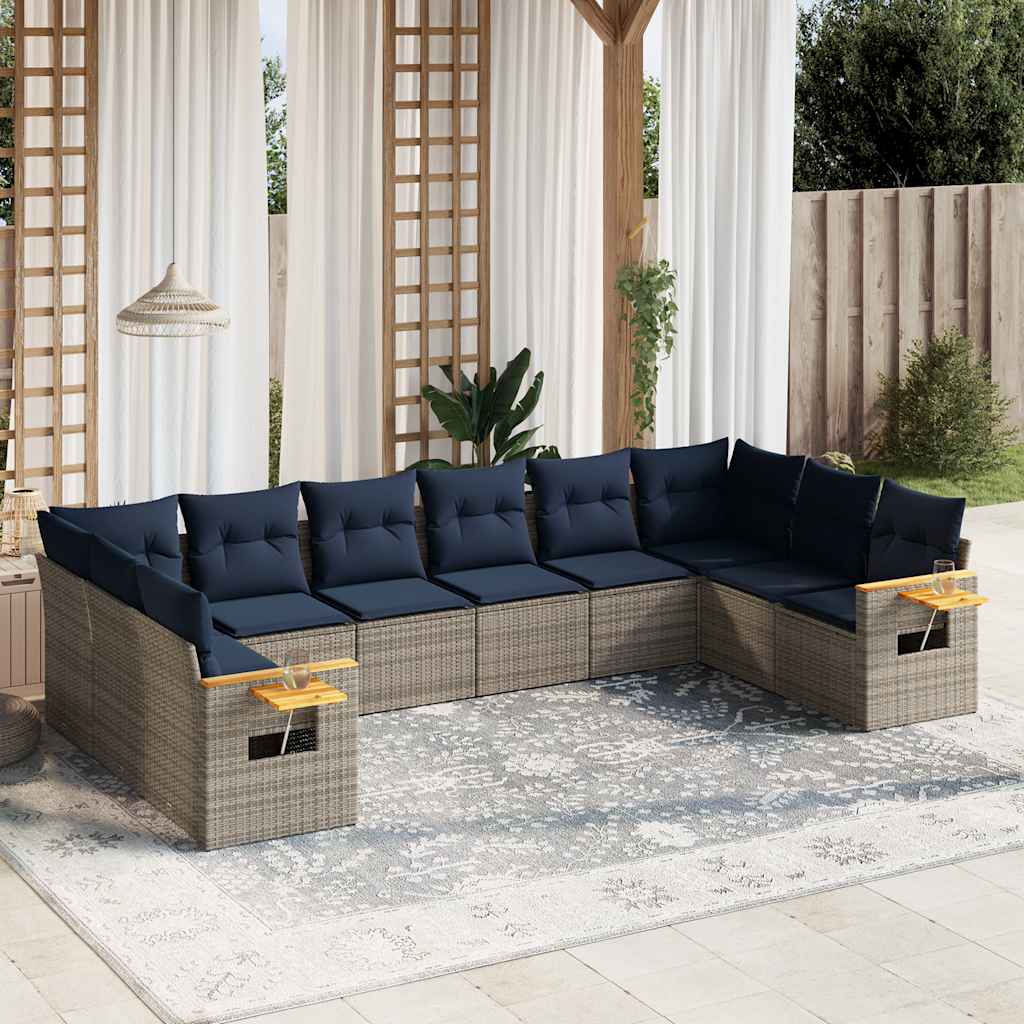 10-tlg. Garten-Sofagarnitur mit Kissen Grau Poly Rattan