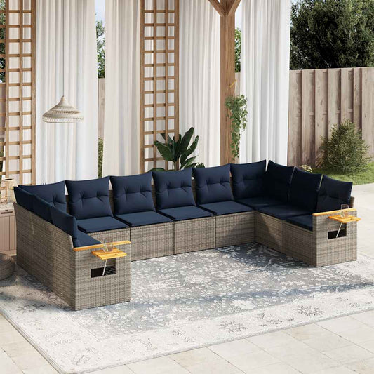 10-tlg. Garten-Sofagarnitur mit Kissen Grau Poly Rattan