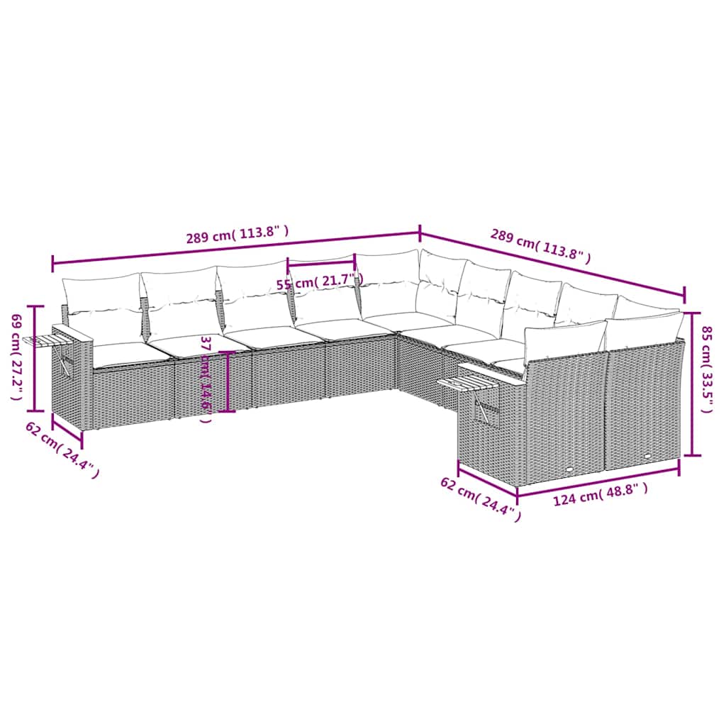 10-tlg. Garten-Sofagarnitur mit Kissen Schwarz Poly Rattan