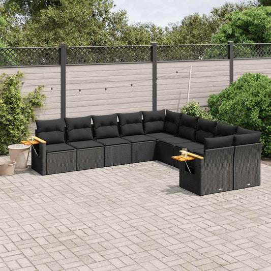 10-tlg. Garten-Sofagarnitur mit Kissen Schwarz Poly Rattan
