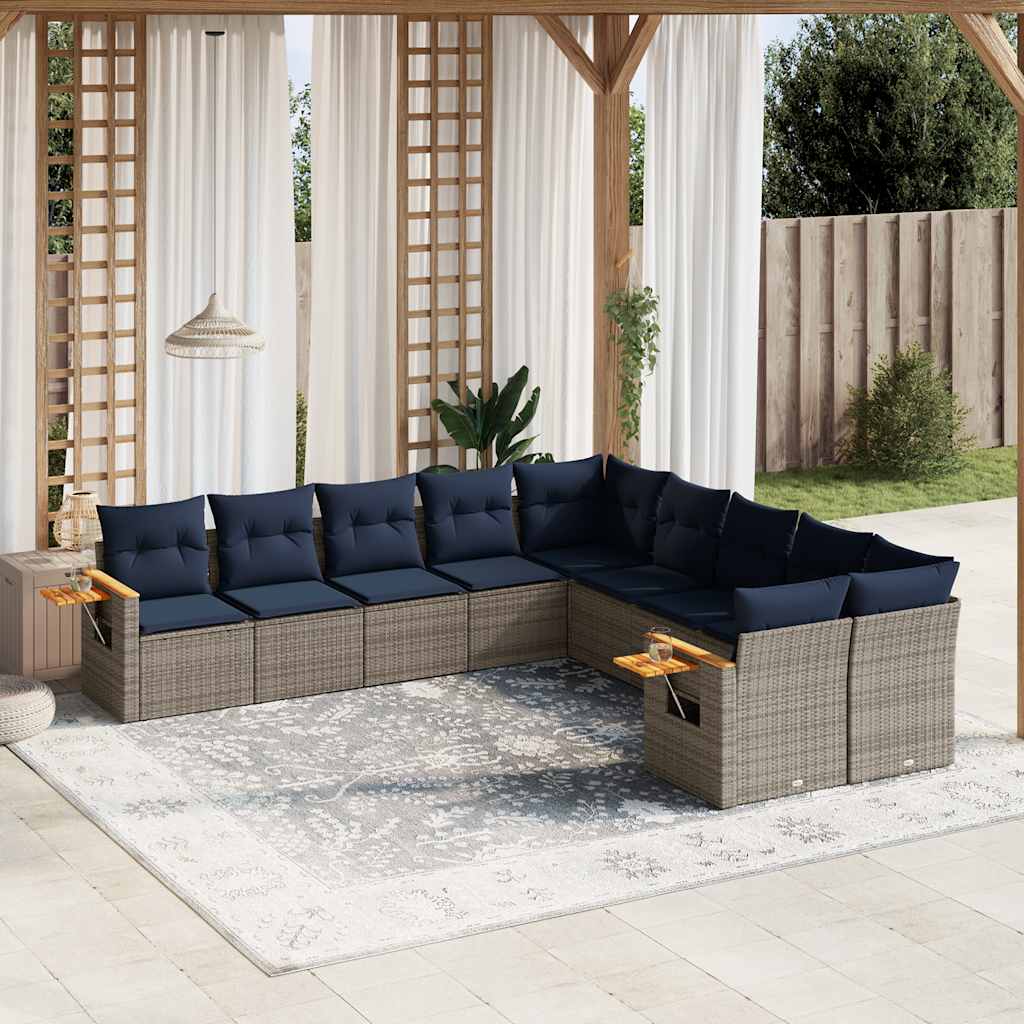 10-tlg. Garten-Sofagarnitur mit Kissen Grau Poly Rattan
