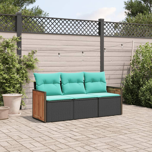 3-teiliges Gartensofa-Set mit Kissen, schwarzes Polyrattan