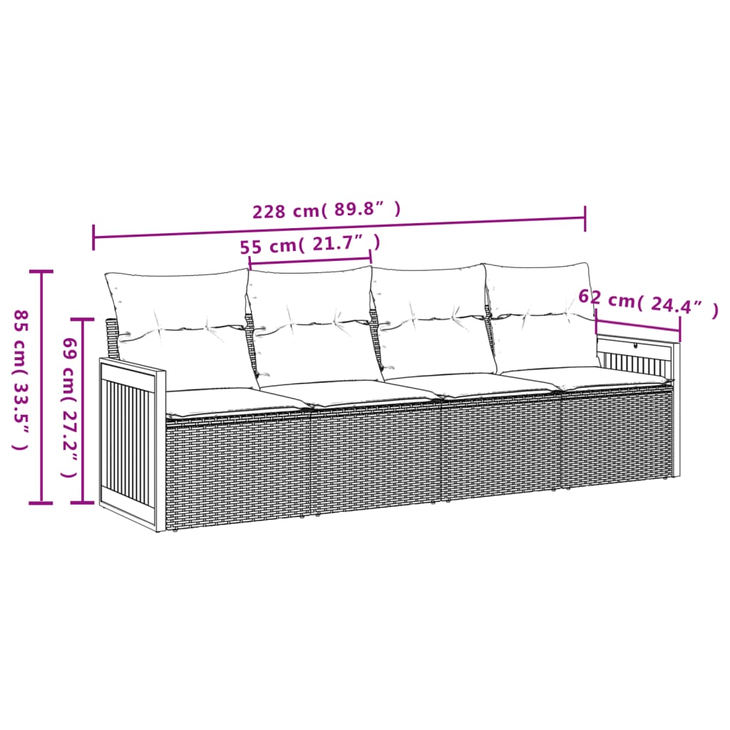 4-teiliges Gartensofa-Set mit Kissen, grau, Polyrattan