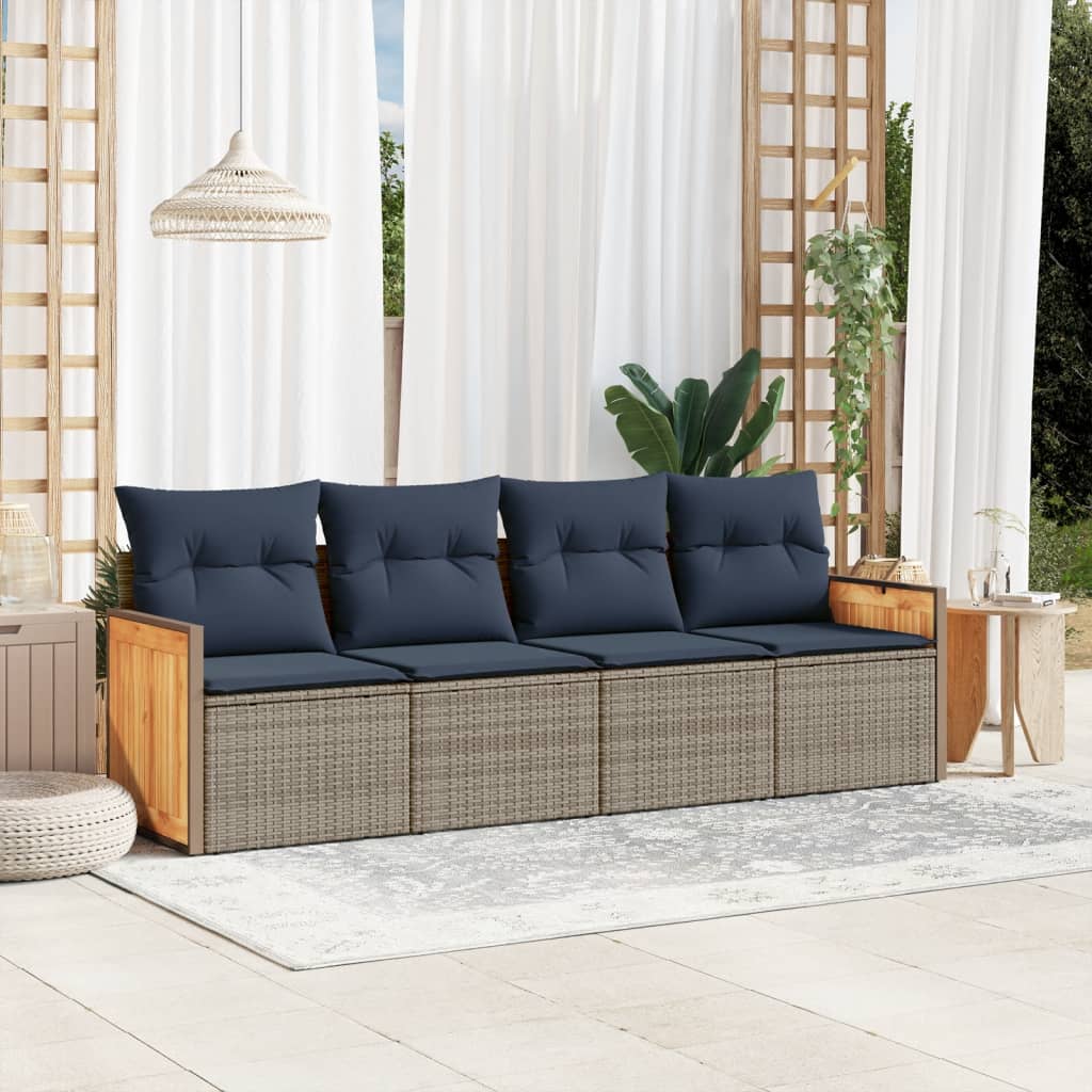 4-teiliges Gartensofa-Set mit Kissen, grau, Polyrattan