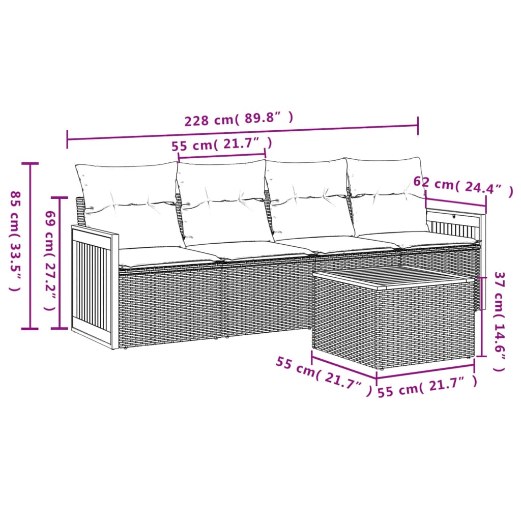 5-teiliges Gartensofa-Set mit Kissen, grau, Polyrattan