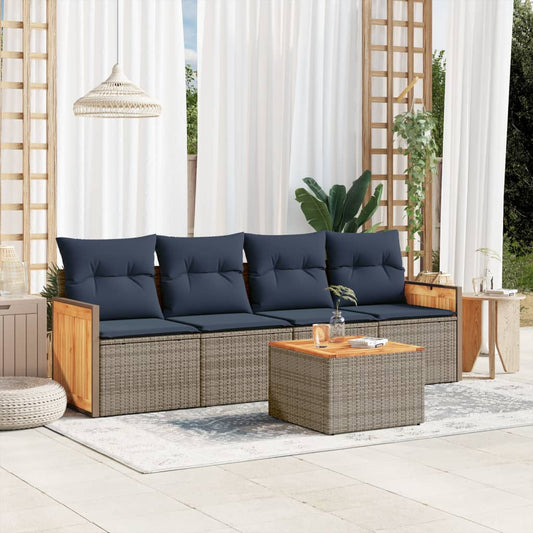 5-teiliges Gartensofa-Set mit Kissen, grau, Polyrattan