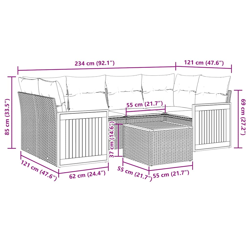 7-teiliges Gartensofa-Set mit Kissen, schwarzes Polyrattan
