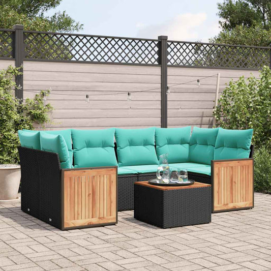 7-teiliges Gartensofa-Set mit Kissen, schwarzes Polyrattan