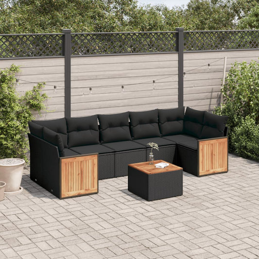 8-piece garden sofa set with cushions, black poly rattan