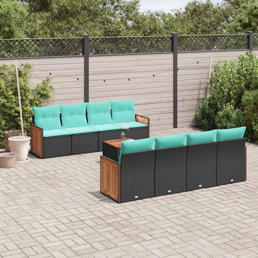 9-teiliges Gartensofa-Set mit Kissen, schwarzes Polyrattan
