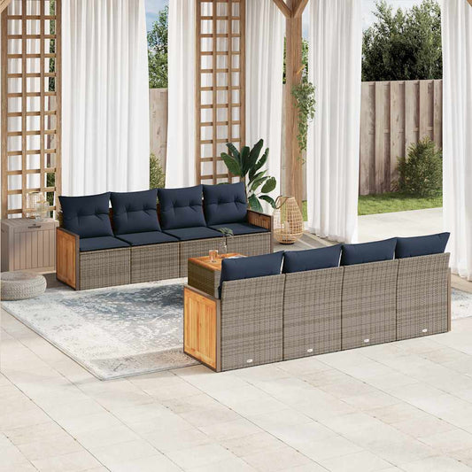 9-teiliges Gartensofa-Set mit Kissen, grau, Polyrattan