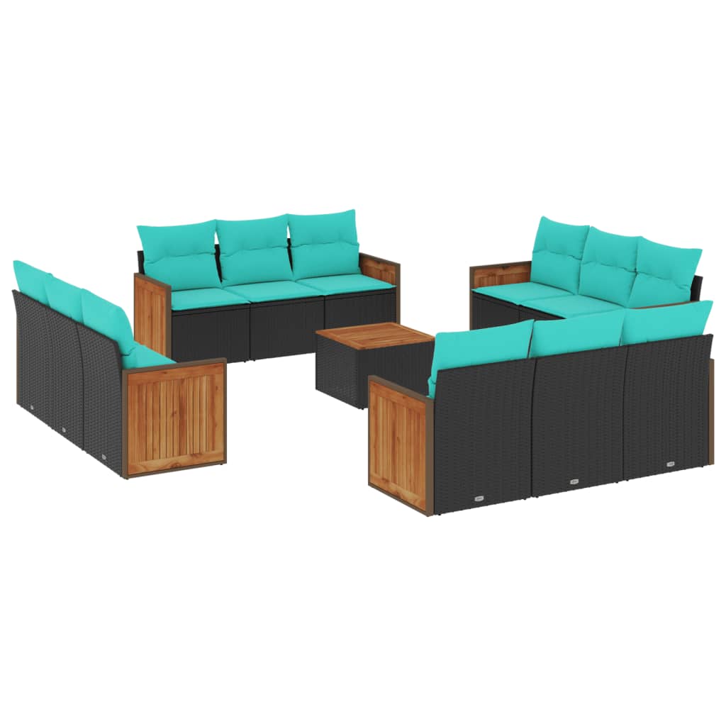 13-teiliges Gartensofa-Set mit Kissen, schwarzes Polyrattan