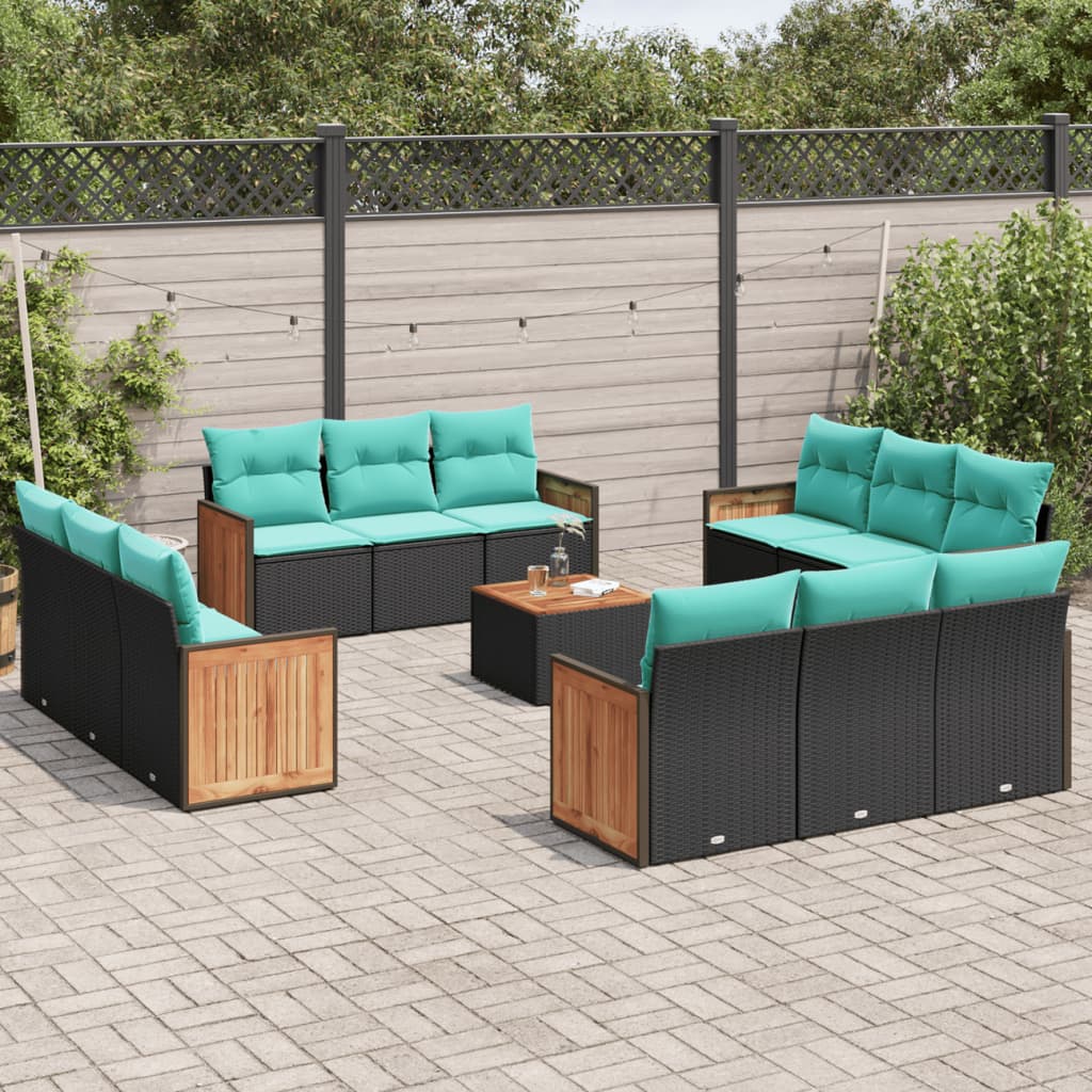 13-teiliges Gartensofa-Set mit Kissen, schwarzes Polyrattan