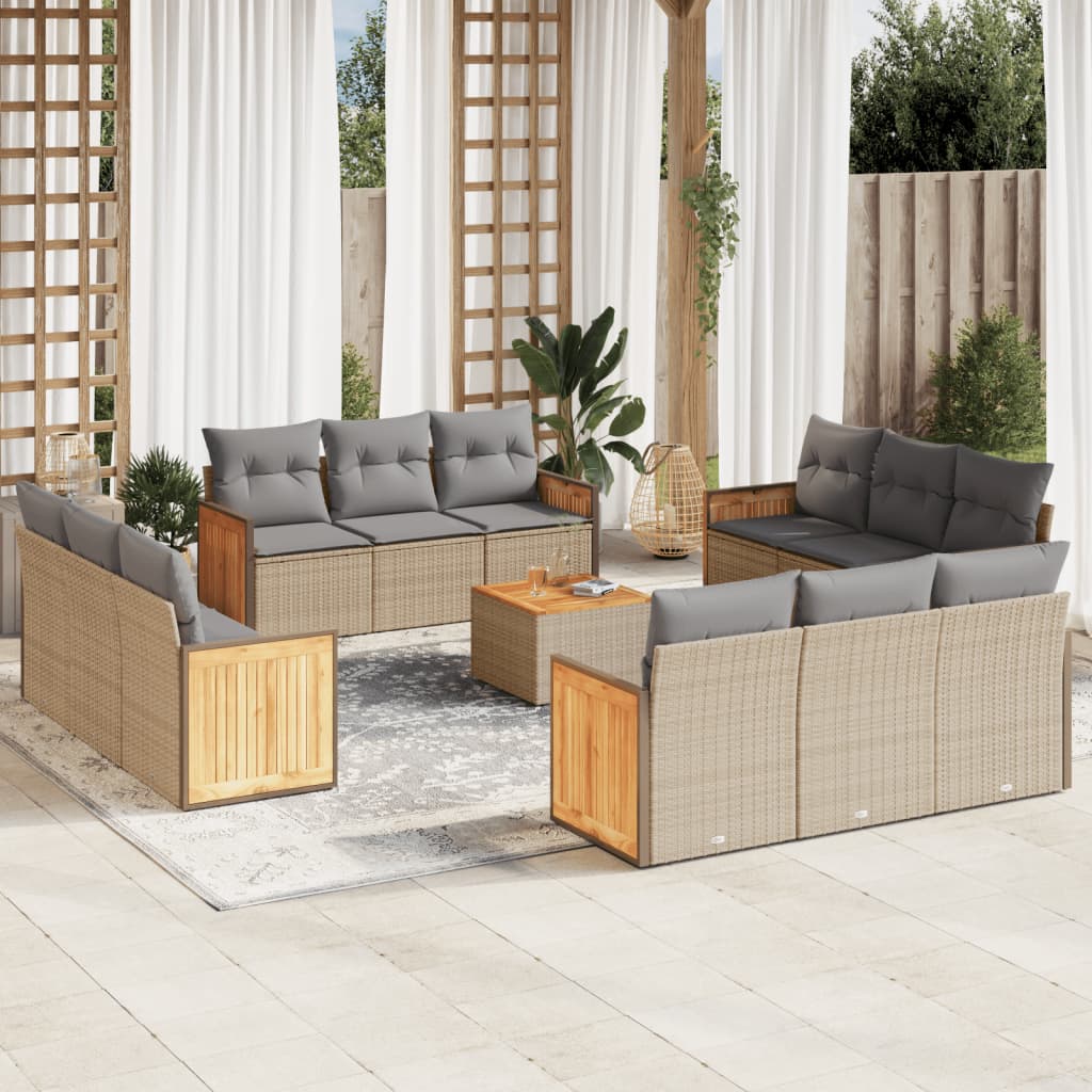 13-tlg. Garten-Sofagarnitur mit Kissen Beige Poly Rattan