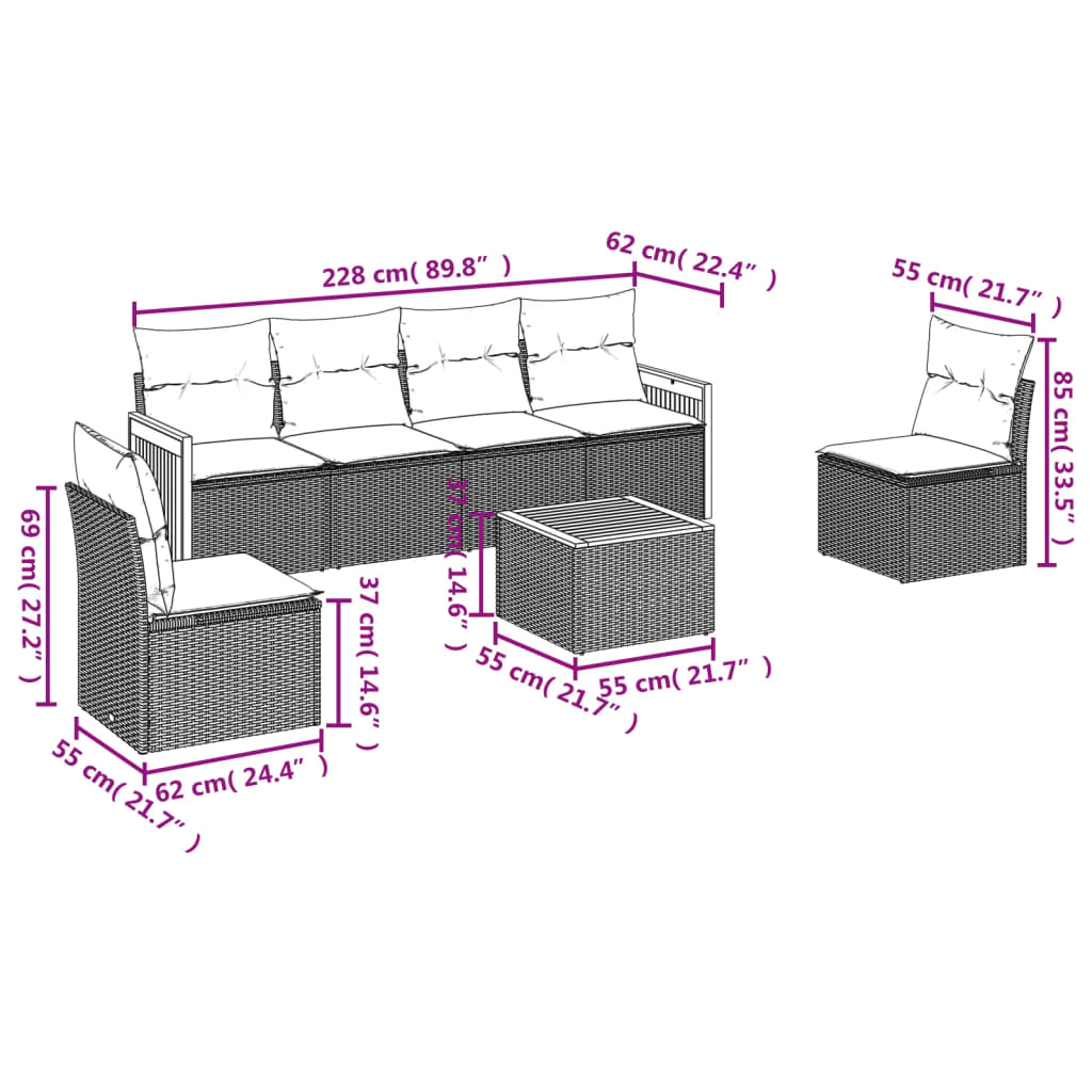 7-teiliges Gartensofa-Set mit Kissen, schwarzes Polyrattan