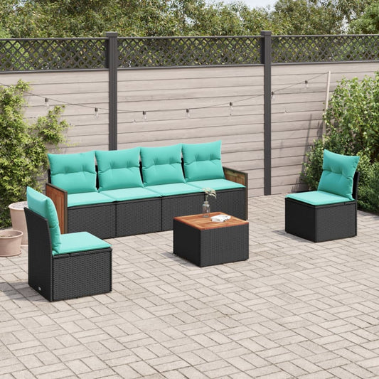 7-teiliges Gartensofa-Set mit Kissen, schwarzes Polyrattan