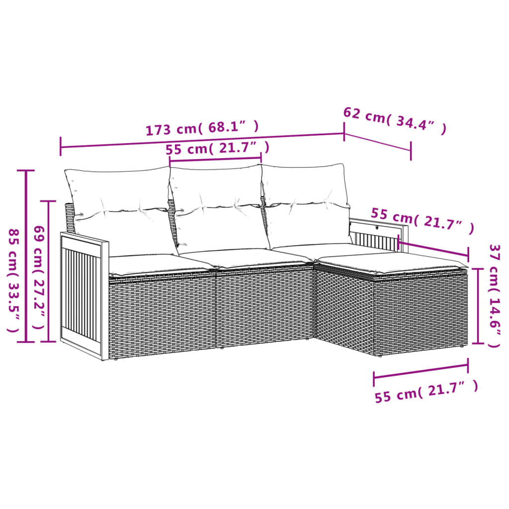 4-teiliges Gartensofa-Set mit Kissen, grau, Polyrattan