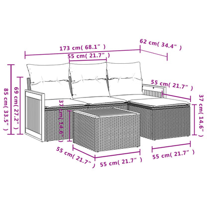 5-tlg. Garten-Sofagarnitur mit Kissen Schwarz Poly Rattan
