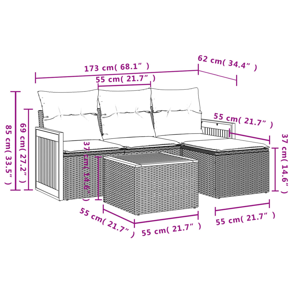 5-tlg. Garten-Sofagarnitur mit Kissen Beige Poly Rattan