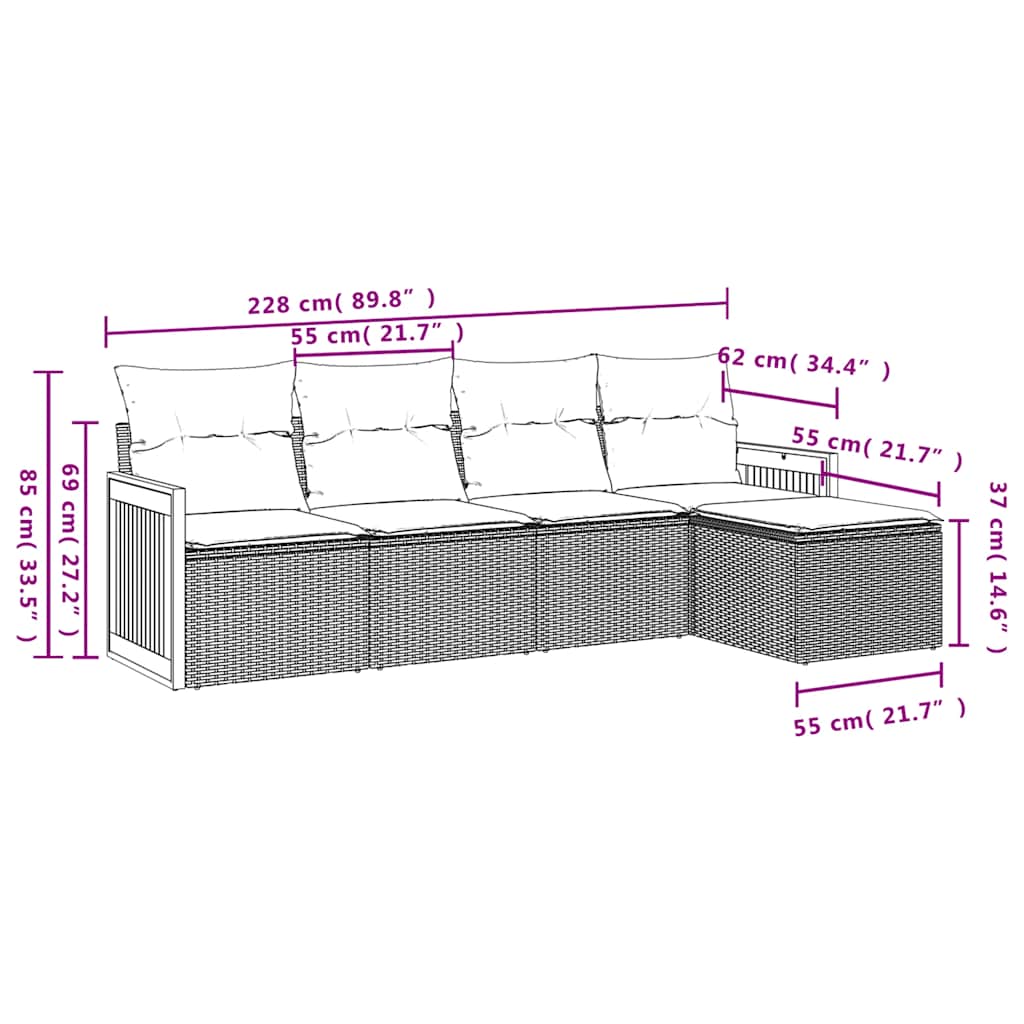 5-teiliges Gartensofa-Set mit Kissen, grau, Polyrattan