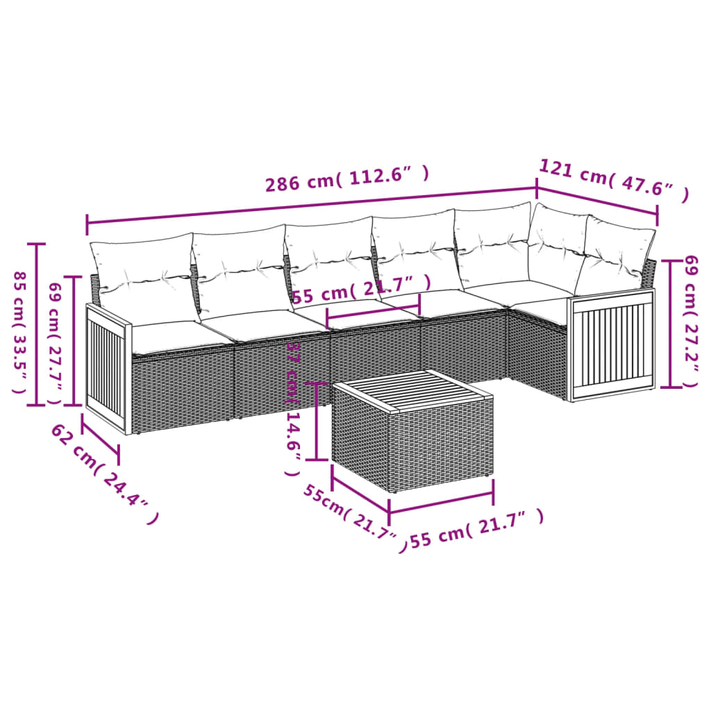 7-teiliges Gartensofa-Set mit Kissen, schwarzes Polyrattan