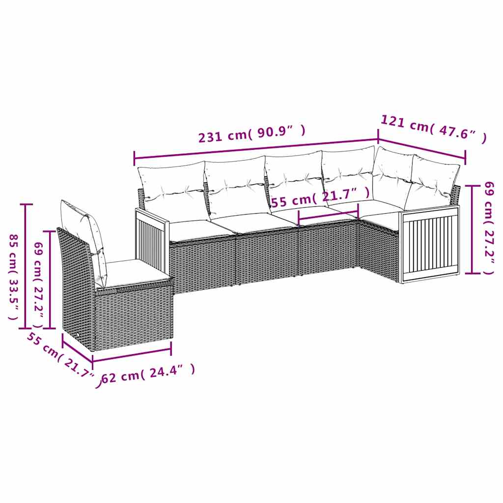 6-teiliges Gartensofa-Set mit Kissen, grau, Polyrattan
