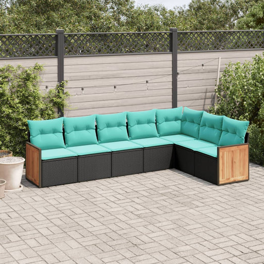 7-teiliges Gartensofa-Set mit Kissen, schwarzes Polyrattan
