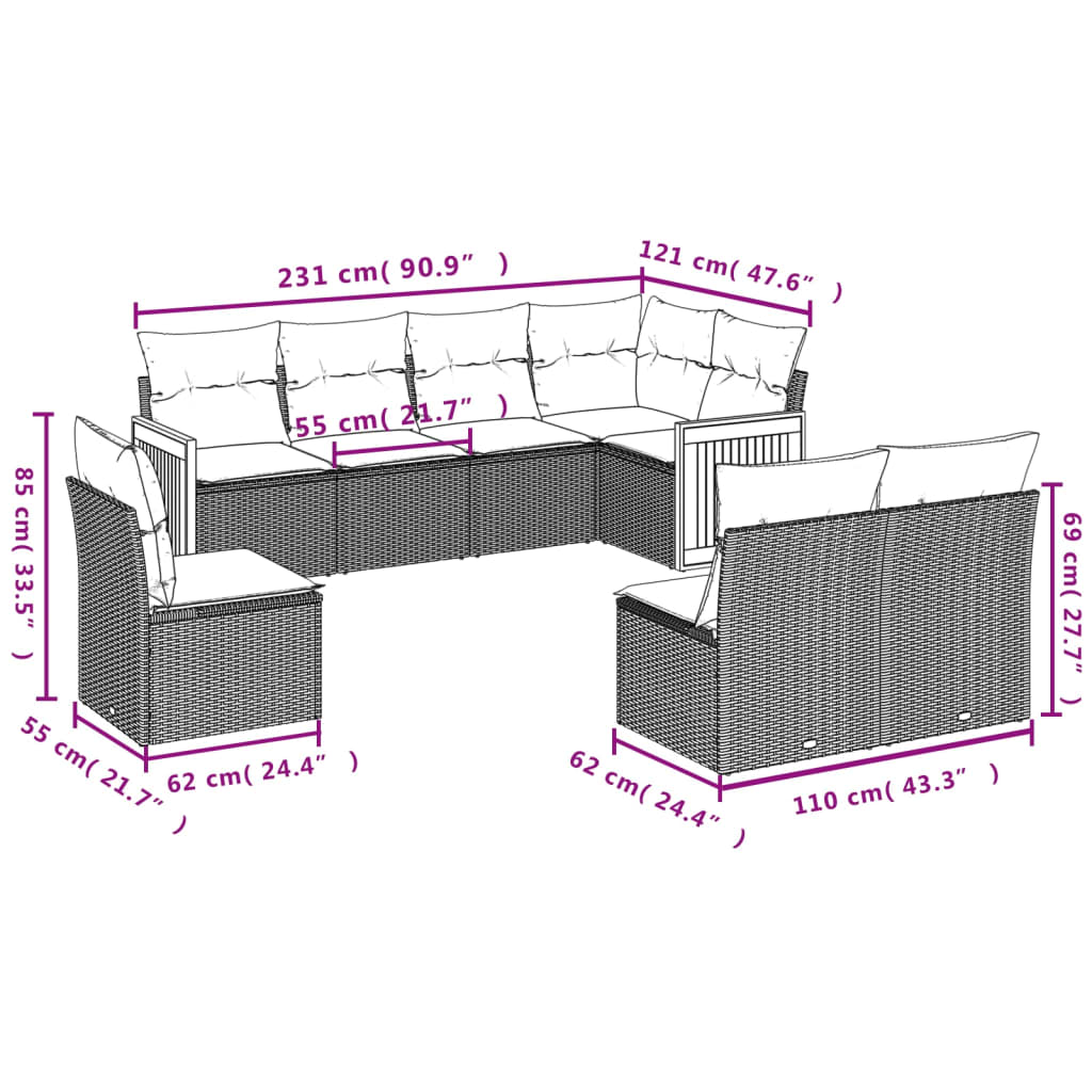 8-teiliges Gartensofa-Set mit Kissen, schwarzes Polyrattan