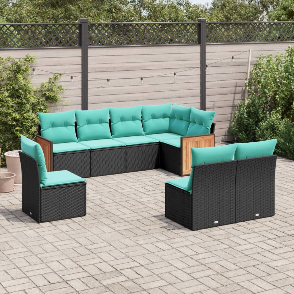 8-teiliges Gartensofa-Set mit Kissen, schwarzes Polyrattan
