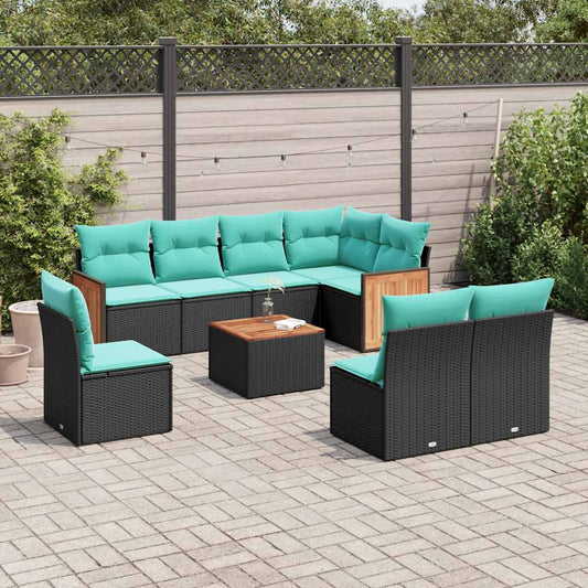 9-teiliges Gartensofa-Set mit Kissen, schwarzes Polyrattan
