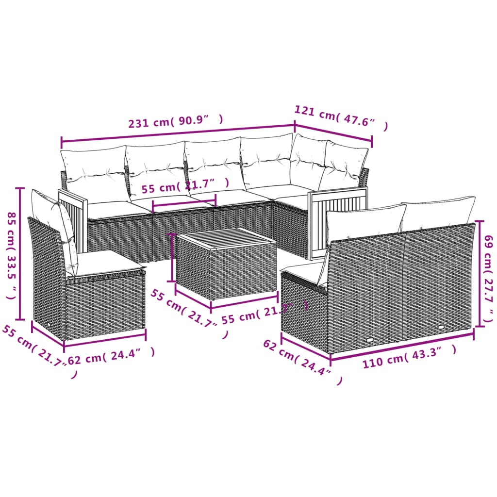 9-teiliges Gartensofa-Set mit Kissen, grau, Polyrattan