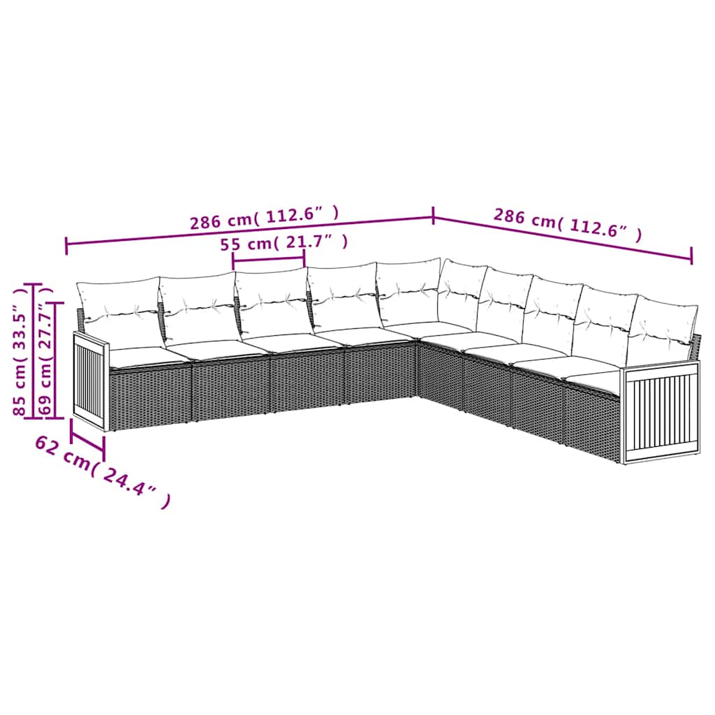 9-tlg. Garten-Sofagarnitur mit Kissen Schwarz Poly Rattan