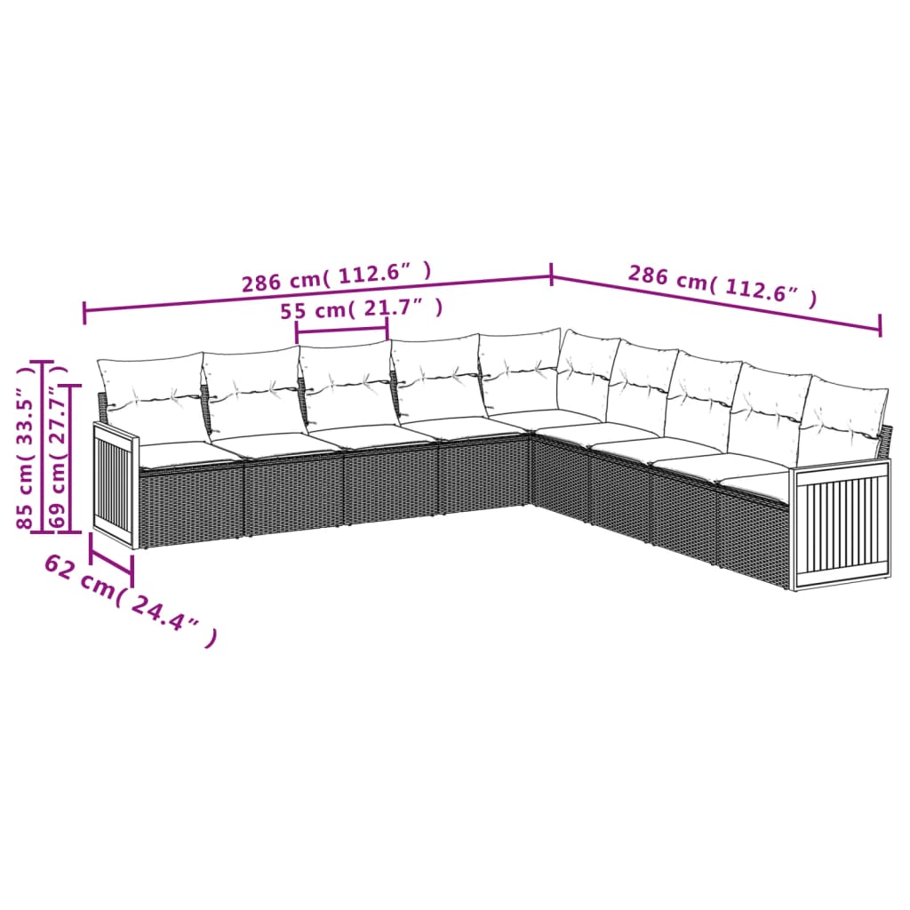 9-teiliges Gartensofa-Set mit Kissen, schwarzes Polyrattan